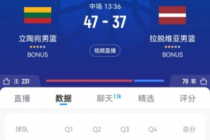 半場戰(zhàn)報-立陶宛領(lǐng)先拉脫維亞10分 韋利奇卡14+6 波津13+8