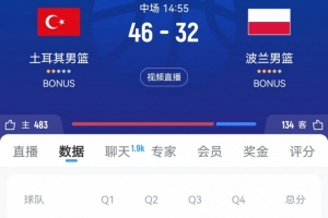 半場戰(zhàn)報-土耳其男籃46-32領先波蘭14分 申京貢獻10分6板6助