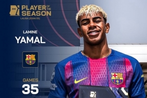 35場(chǎng)9球15助攻！德轉(zhuǎn)官方：18歲巴薩邊鋒亞馬爾獲評(píng)上賽季西甲MVP