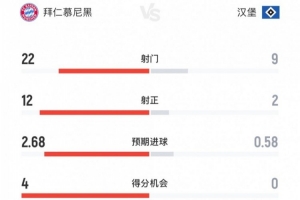 拜仁vs漢堡全場(chǎng)數(shù)據(jù)：射門22-9，射正12-2，得分機(jī)會(huì)4-0