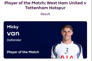 打進1球，官方：范德文當選熱刺vs西漢姆一役全場最佳球員