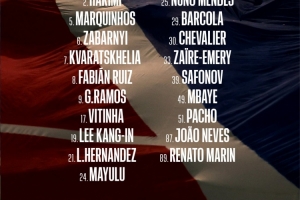 巴黎公布歐冠戰(zhàn)亞特蘭大大名單：維蒂尼亞領(lǐng)袖，登貝萊、杜埃缺席