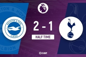 半場(chǎng)-布萊頓2-1熱刺 明特單刀破門阿亞里世界波理查利森扳回一球