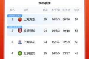中超積分榜：海港先賽1分領(lǐng)跑！國(guó)安3連敗已落后榜首6分