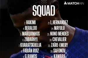 巴黎對(duì)馬賽名單：K77領(lǐng)銜，登貝萊、杜埃、內(nèi)維斯、巴爾科拉缺席