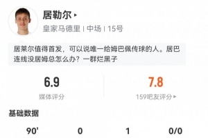 越踢越好！居勒爾數(shù)據(jù)：4次關(guān)鍵傳球1次助攻，4次成功長傳3次搶斷