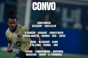 巴薩客戰(zhàn)奧維耶多大名單：萊萬領(lǐng)銜鋒線，亞馬爾缺席小將德羅在列