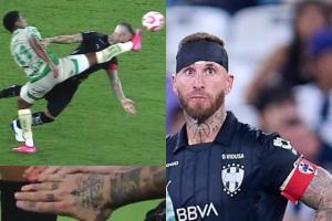 硬漢??39歲拉莫斯頭球時被對手一腳正中面門滿臉血，纏繃帶完賽