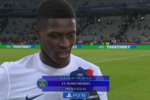 長(zhǎng)途奔襲助攻！努諾-門(mén)德斯當(dāng)選巴黎vs巴薩全場(chǎng)最佳球員