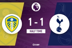 半場(chǎng)-熱刺暫1-1利茲聯(lián) 特爾爆射破門+中楣 奧卡福補(bǔ)射破門扳平