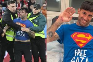 挪威vs以色列的比賽中有球迷沖進(jìn)球場(chǎng)，T恤寫著“自由加沙”口號(hào)