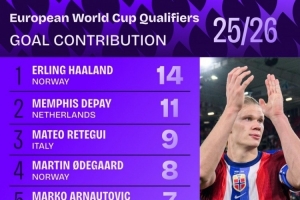 本屆歐洲世預賽參與進球榜：哈蘭德14球居首，德佩11球次席