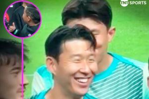 可愛??對陣巴拉圭合影環(huán)節(jié)，孫興慜與SONNY發(fā)型的小球迷打招呼