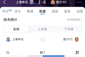 申花vs首爾FC全場數(shù)據(jù)：射門14-21，射正6-5，控球率33%-67%