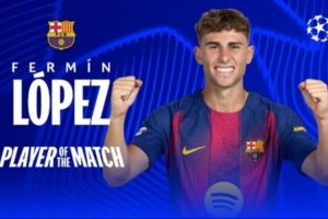 4射4正+戴帽！費(fèi)爾明當(dāng)選巴薩6-1奧林匹亞科斯一役全場(chǎng)最佳