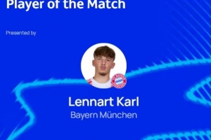 先拔頭籌，官方：17歲小將卡爾當(dāng)選拜仁4-0布魯日全場(chǎng)最佳