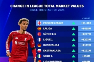 歐洲聯(lián)賽今年身價(jià)變動(dòng)：英超+13.1億歐最多，西甲+4.18億歐次席