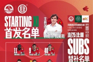 2025華潤飲料中超聯(lián)賽第28輪 河南VS浙江 首發(fā)及替補隊員名單