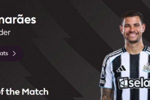 90分鐘絕殺，英超官方：吉馬良斯當(dāng)選紐卡2-1富勒姆全場(chǎng)最佳