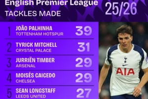 本賽季英超搶斷榜：帕利尼亞壓米切爾居首，廷伯、凱塞多列前四