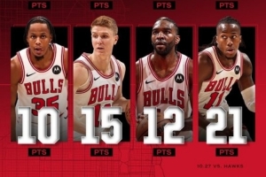 集體發(fā)揮&助隊開季3連勝！公牛官推曬八人得分上雙數(shù)據(jù)海報