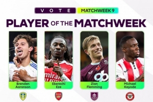 英超官方評第9輪最佳球員候選：埃澤、姆伯莫領(lǐng)銜，范德芬在列