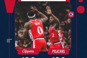 壓哨絕殺的NBA杯首勝！快船贏球海報(bào)：比爾和小卡擊掌慶祝